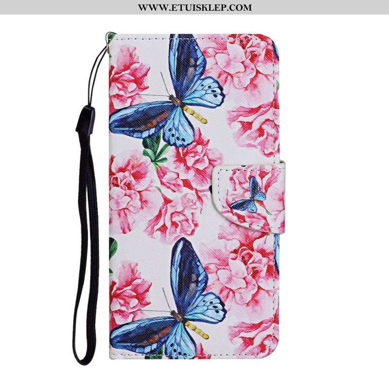 Etui Folio do Samsung Galaxy S22 Ultra 5G Smycz W Kwiaty Motyle